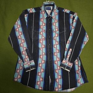 Wrangler Men's Distressed Shirt with Blue, Black, and Red Pattern
